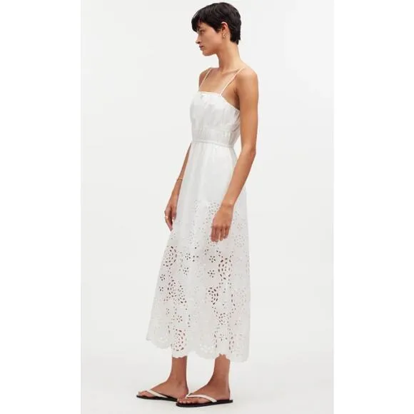 Madewell Embroidered Tank Midi Dress in Poplin White Women's 14 Summer Casual