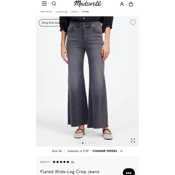 Madewell Flared Wide-Leg Crop Jeans Raw Hem Gray Wash Denim Size 26