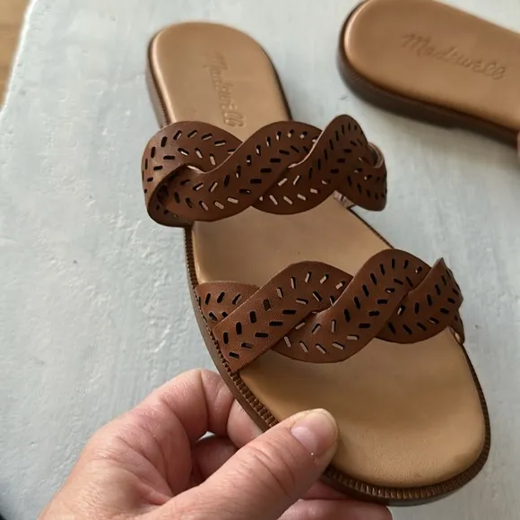 Madewell The Cora Slide Sandals Brown Perforated Leather Size 6.5 Casual Summer