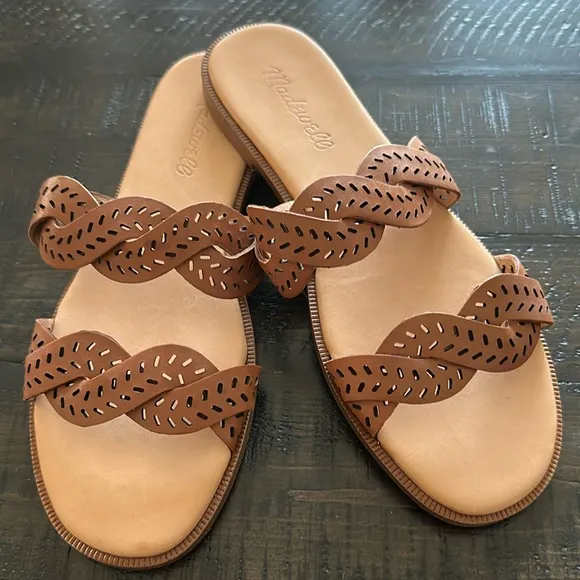 Madewell The Cora Slide Sandals Brown Perforated Leather Size 6.5 Casual Summer