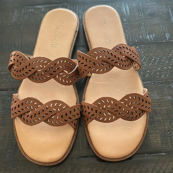Madewell The Cora Slide Sandals Brown Perforated Leather Size 6.5 Casual Summer