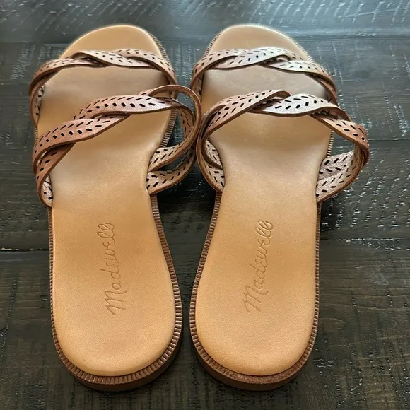 Madewell The Cora Slide Sandals Brown Perforated Leather Size 6.5 Casual Summer