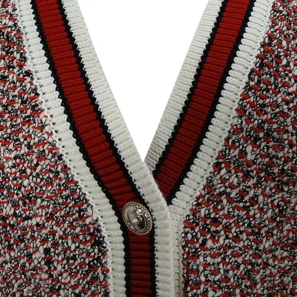Maje Knitted Button-Front Cardigan in Red and White Cotton Blend