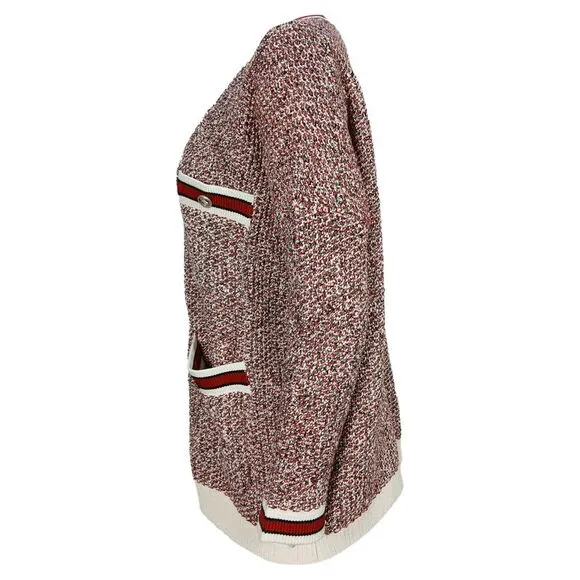 Maje Knitted Button-Front Cardigan in Red and White Cotton Blend