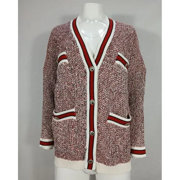 Maje Knitted Button-Front Cardigan in Red and White Cotton Blend