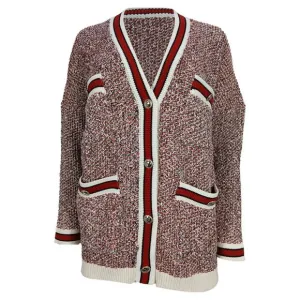 Maje Knitted Button-Front Cardigan in Red and White Cotton Blend
