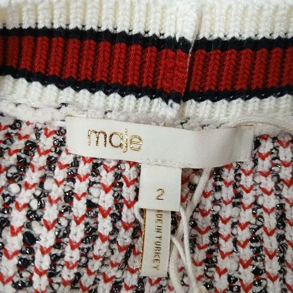 Maje Knitted Button-Front Cardigan in Red and White Cotton Blend