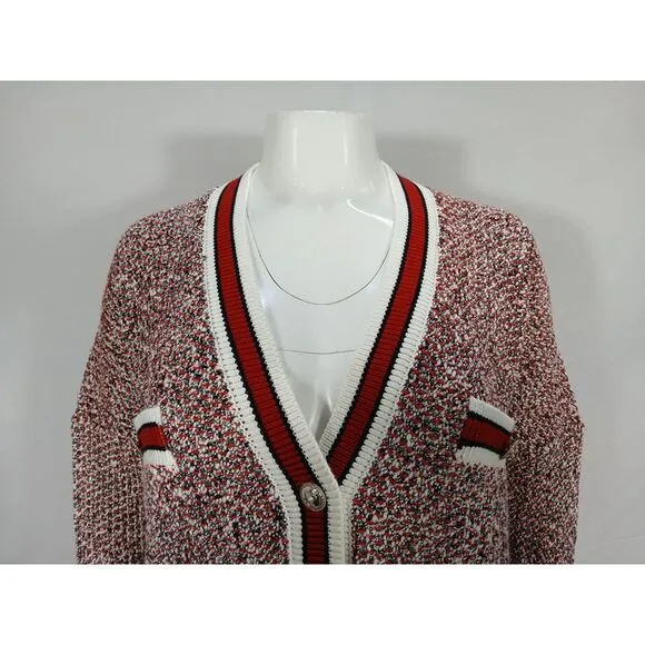 Maje Knitted Button-Front Cardigan in Red and White Cotton Blend
