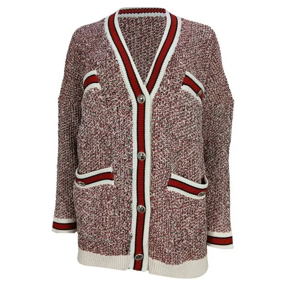 Maje Knitted Button-Front Cardigan in Red and White Cotton Blend