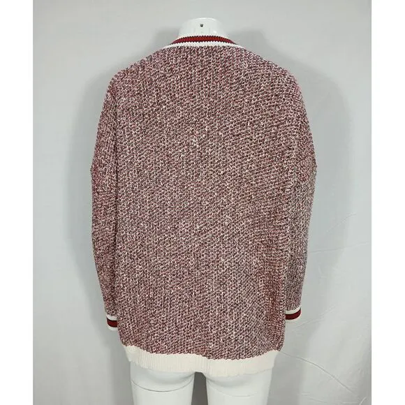 Maje Knitted Button-Front Cardigan in Red and White Cotton Blend