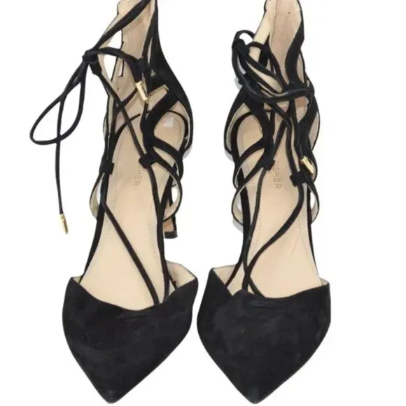 Marc Fisher Holiday Party Black Leather Suede Caged Gladiator Tie Dress Heels 10