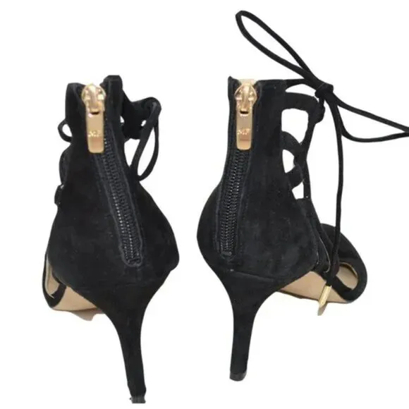 Marc Fisher Holiday Party Black Leather Suede Caged Gladiator Tie Dress Heels 10