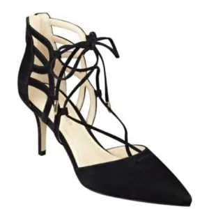 Marc Fisher Holiday Party Black Leather Suede Caged Gladiator Tie Dress Heels 10