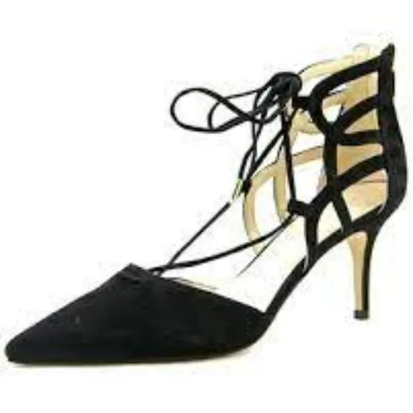 Marc Fisher Holiday Party Black Leather Suede Caged Gladiator Tie Dress Heels 10