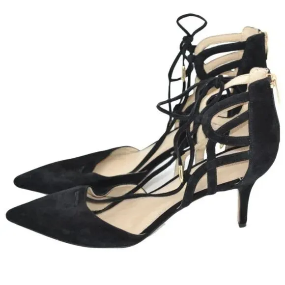 Marc Fisher Holiday Party Black Leather Suede Caged Gladiator Tie Dress Heels 10