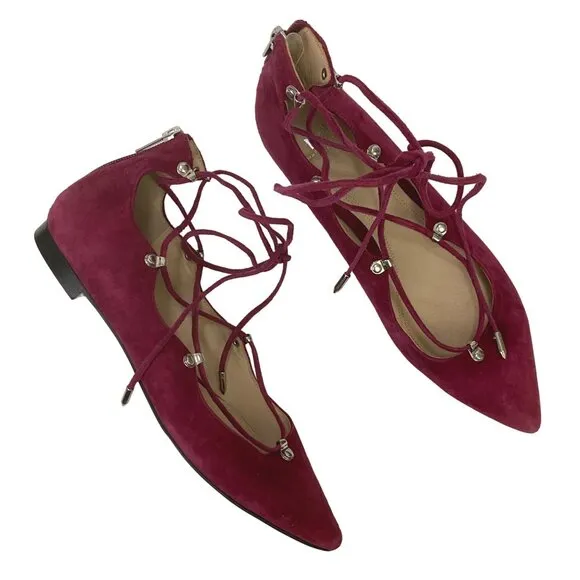 Marc Fisher Salia Leather Pointed Toe Lace Up Ballet Flats Berry Suede Size 7.5