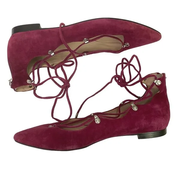Marc Fisher Salia Leather Pointed Toe Lace Up Ballet Flats Berry Suede Size 7.5