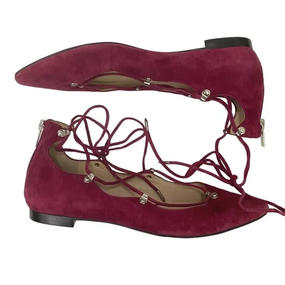 Marc Fisher Salia Leather Pointed Toe Lace Up Ballet Flats Berry Suede Size 7.5