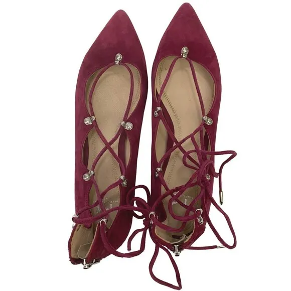 Marc Fisher Salia Leather Pointed Toe Lace Up Ballet Flats Berry Suede Size 7.5