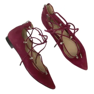 Marc Fisher Salia Leather Pointed Toe Lace Up Ballet Flats Berry Suede Size 7.5