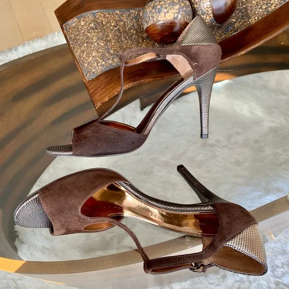 Marc Fisher Suede And Metallic Leather Trim T-Strap Heeled Shoes Size 8.5