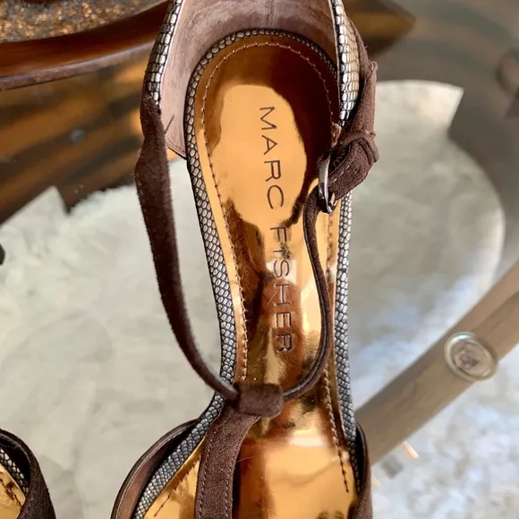 Marc Fisher Suede And Metallic Leather Trim T-Strap Heeled Shoes Size 8.5