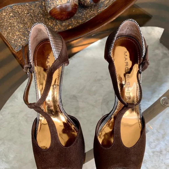 Marc Fisher Suede And Metallic Leather Trim T-Strap Heeled Shoes Size 8.5
