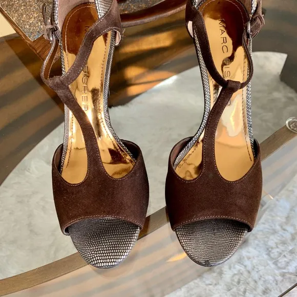 Marc Fisher Suede And Metallic Leather Trim T-Strap Heeled Shoes Size 8.5