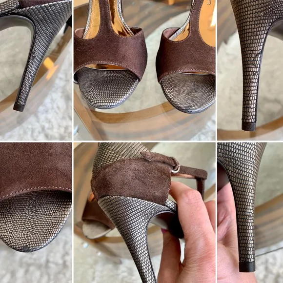 Marc Fisher Suede And Metallic Leather Trim T-Strap Heeled Shoes Size 8.5
