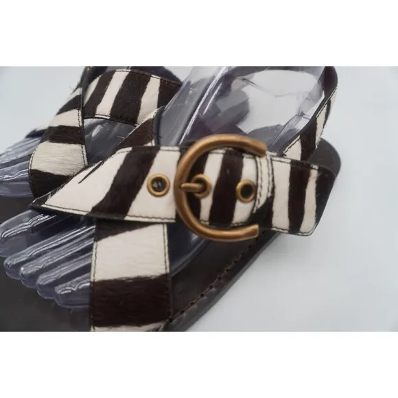 Marc Jacobs Calf hair Leather Brown Tan Flat Sandals Chunky Brass Buckle Size 39
