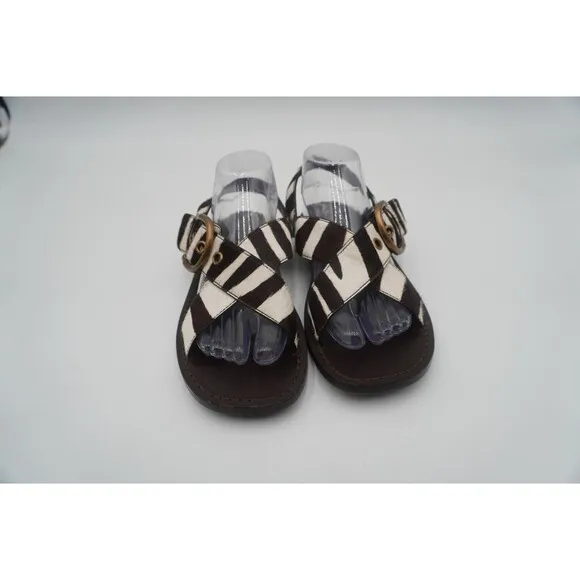 Marc Jacobs Calf hair Leather Brown Tan Flat Sandals Chunky Brass Buckle Size 39