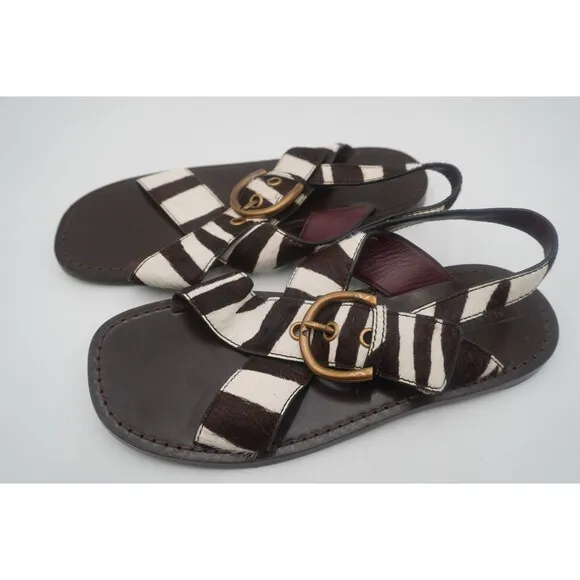 Marc Jacobs Calf hair Leather Brown Tan Flat Sandals Chunky Brass Buckle Size 39