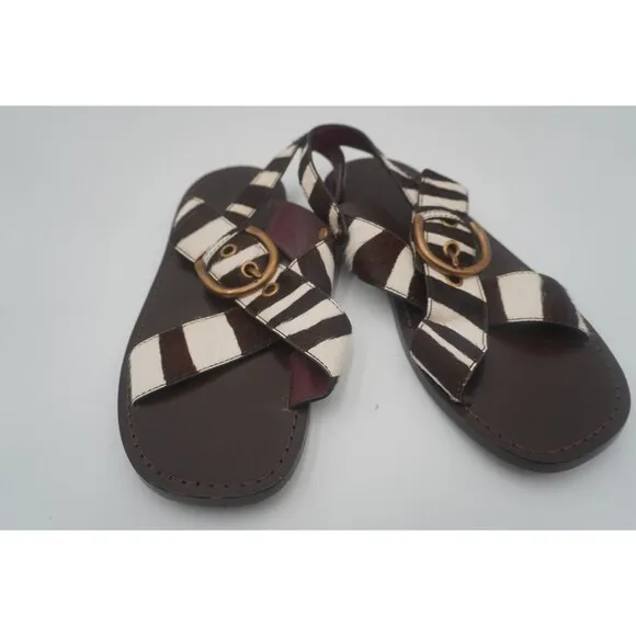 Marc Jacobs Calf hair Leather Brown Tan Flat Sandals Chunky Brass Buckle Size 39
