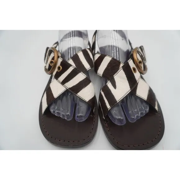 Marc Jacobs Calf hair Leather Brown Tan Flat Sandals Chunky Brass Buckle Size 39