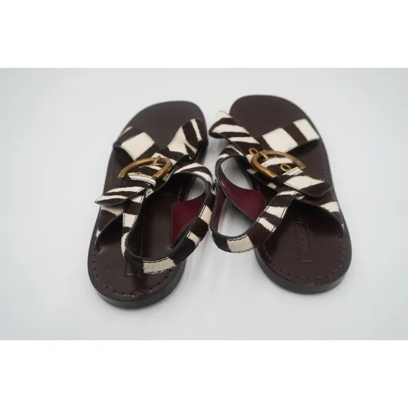 Marc Jacobs Calf hair Leather Brown Tan Flat Sandals Chunky Brass Buckle Size 39