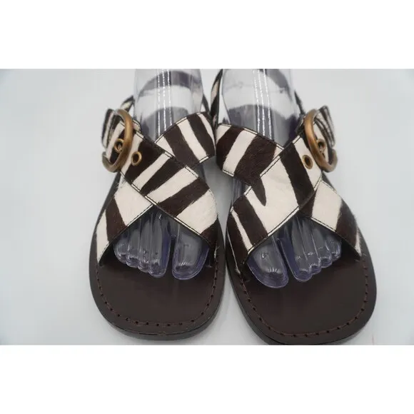 Marc Jacobs Calf hair Leather Brown Tan Flat Sandals Chunky Brass Buckle Size 39