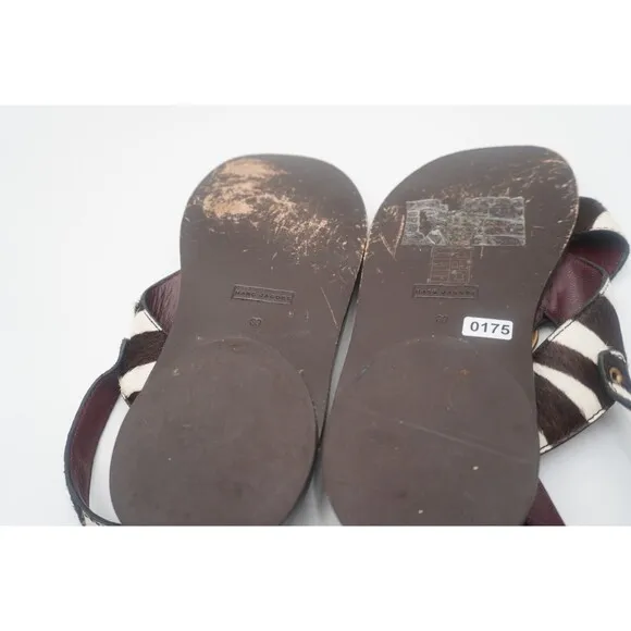 Marc Jacobs Calf hair Leather Brown Tan Flat Sandals Chunky Brass Buckle Size 39