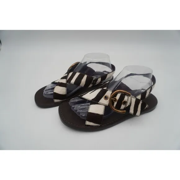 Marc Jacobs Calf hair Leather Brown Tan Flat Sandals Chunky Brass Buckle Size 39