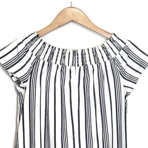 Marine Layer Short Sleeve Off The Shoulder Stripe Blue White Mini Dress Size M