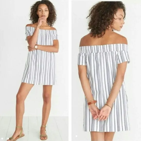 Marine Layer Short Sleeve Off The Shoulder Stripe Blue White Mini Dress Size M
