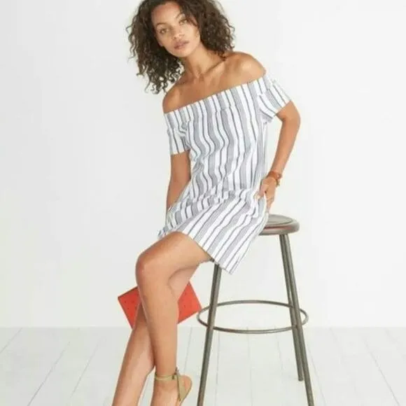 Marine Layer Short Sleeve Off The Shoulder Stripe Blue White Mini Dress Size M