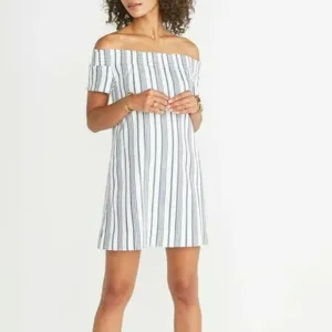Marine Layer Short Sleeve Off The Shoulder Stripe Blue White Mini Dress Size M