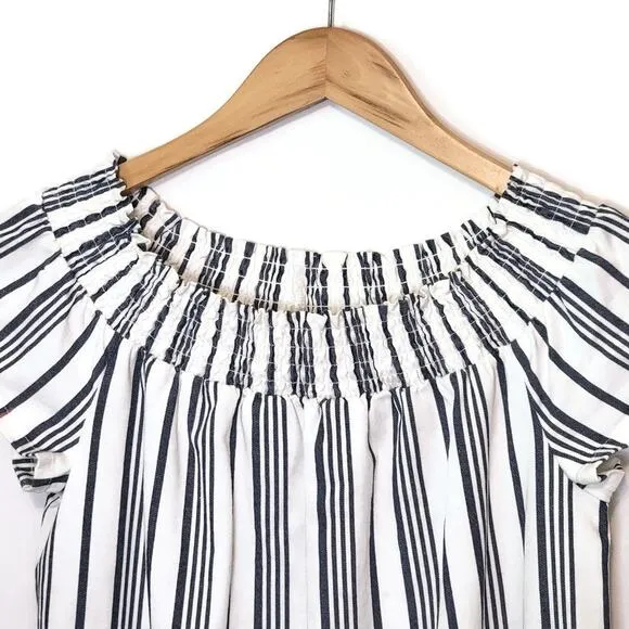 Marine Layer Short Sleeve Off The Shoulder Stripe Blue White Mini Dress Size M