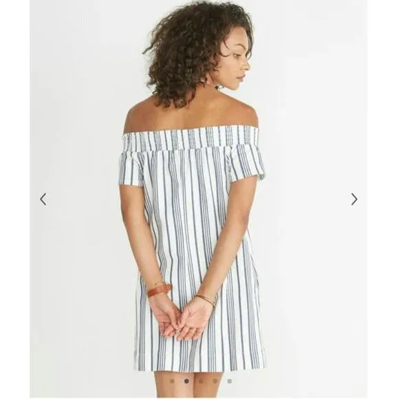 Marine Layer Short Sleeve Off The Shoulder Stripe Blue White Mini Dress Size M