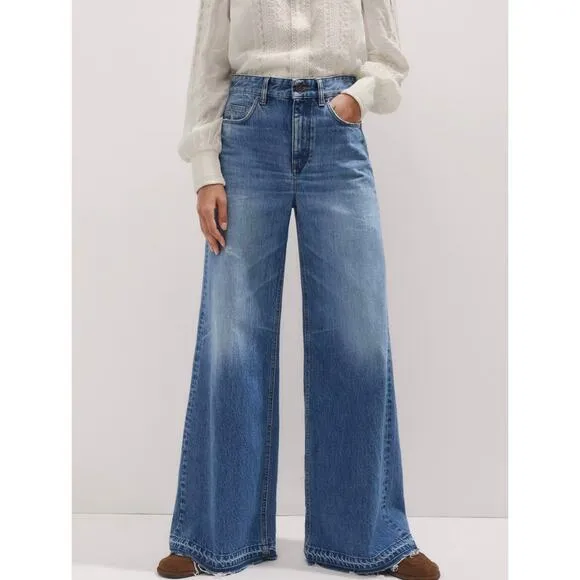 ME EM Distressed Ultimate Wide-Leg Jeans Cotton Denim Authentic Blue 25
