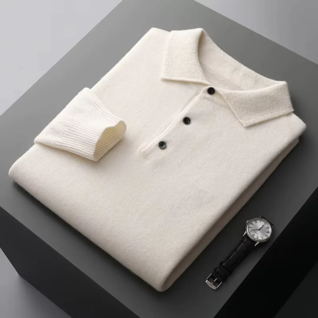 Men’s Knitted Polo Sweater – Long Sleeves – Button-Up Collar – Lightweight Smart Knitwear