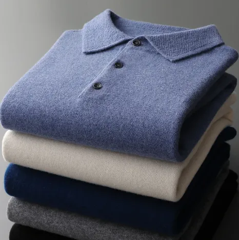 Men’s Knitted Polo Sweater – Long Sleeves – Button-Up Collar – Lightweight Smart Knitwear