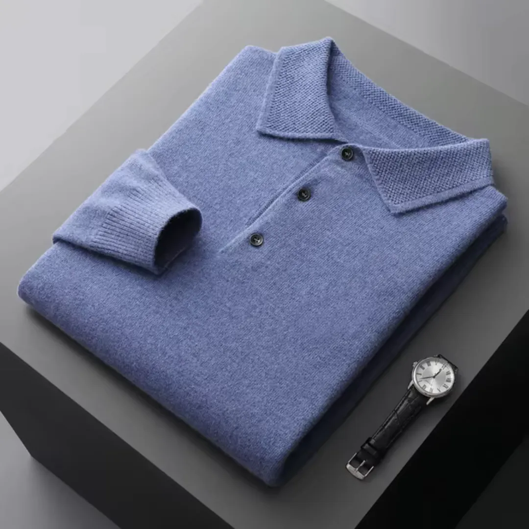 Men’s Knitted Polo Sweater – Long Sleeves – Button-Up Collar – Lightweight Smart Knitwear