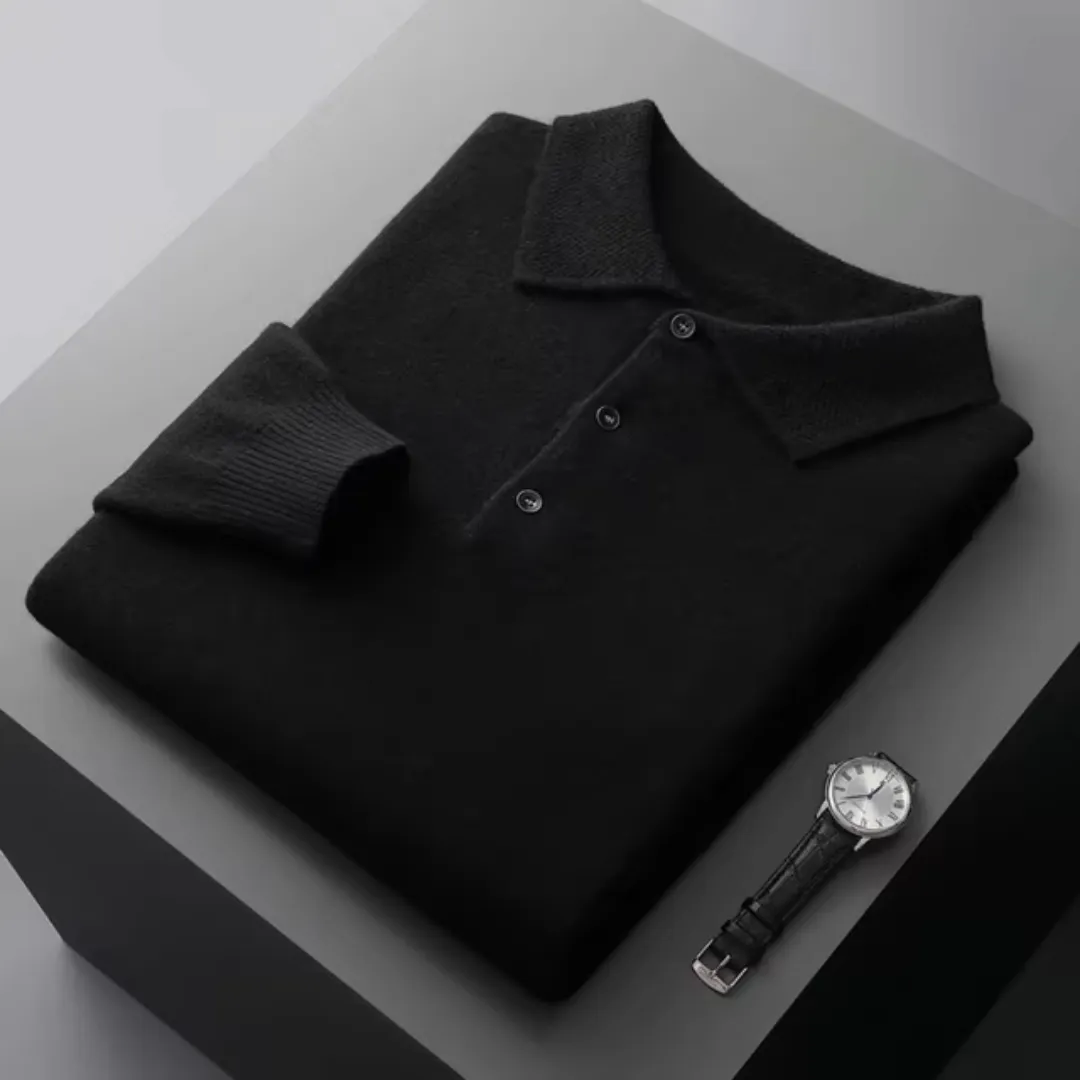 Men’s Knitted Polo Sweater – Long Sleeves – Button-Up Collar – Lightweight Smart Knitwear