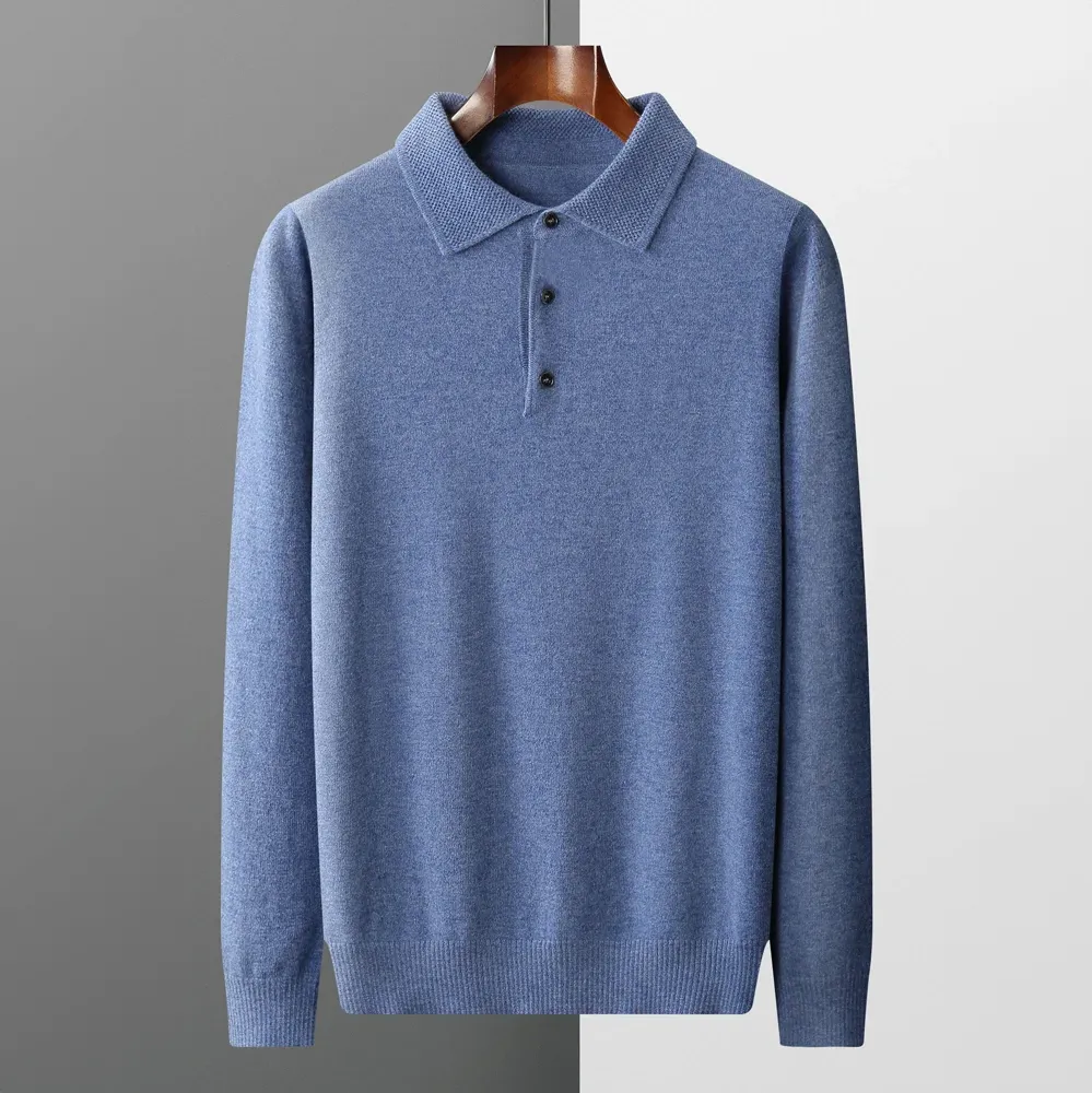 Men’s Knitted Polo Sweater – Long Sleeves – Button-Up Collar – Lightweight Smart Knitwear